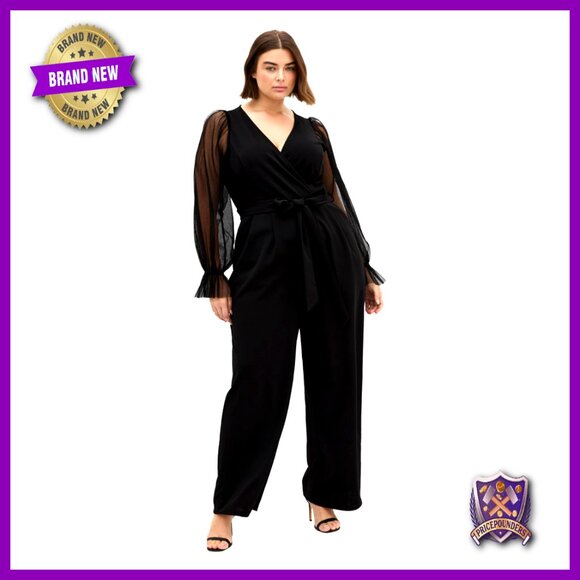 Plus Size Mesh Sleeve Jumpsuit with Tie Waist Wide Leg